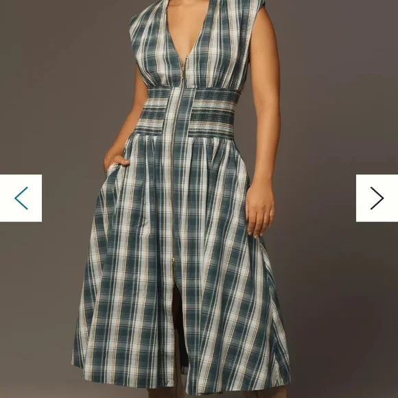 Anthropologie Teal Plaid Midi Dress with Smocked Waist - Picture 1 of 9